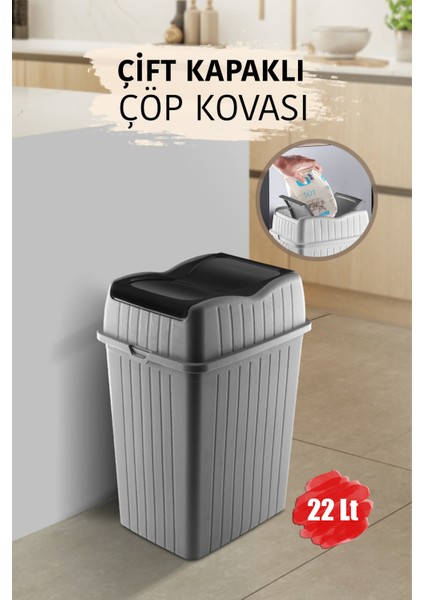 22 L - Çift Kapaklı Slim Çöp Kovası - Dekoratif Ev Ofis Banyo & Mutfak Düzenleyici Çöp Kutusu Gri