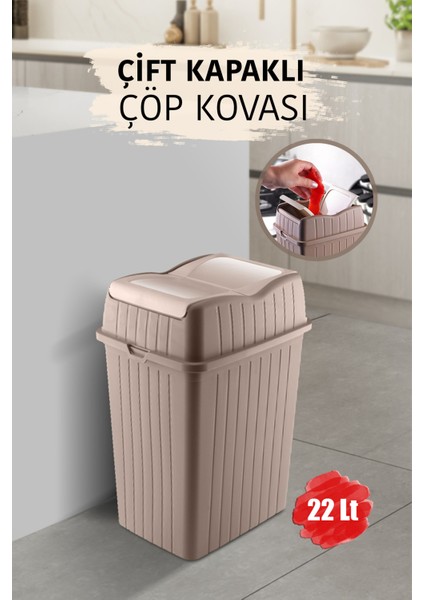 22 L - Çift Kapaklı Slim Çöp Kovası - Dekoratif Ev Ofis Banyo Mutfak Düzenleyici Çöp Kutusu Kahve