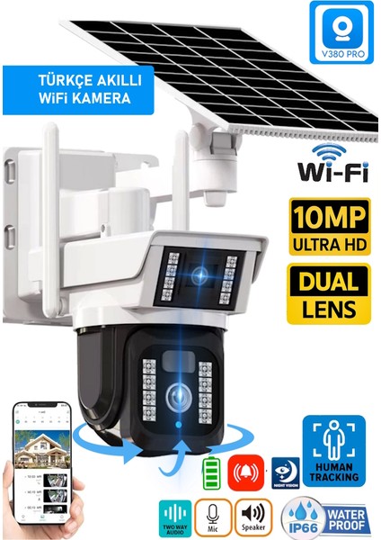 128GB V380 Pro RX-33AI 10MP (5MP+5MP) Dual Lens UltraHD WiFi Güneş Enerjili Akıllı Güvenlik Kamerası