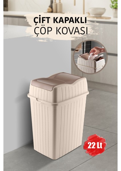 22 L - Çift Kapaklı Slim Çöp Kovası - Dekoratif Ev Ofis Banyo & Mutfak Düzenleyici Çöp Kutusu Krem