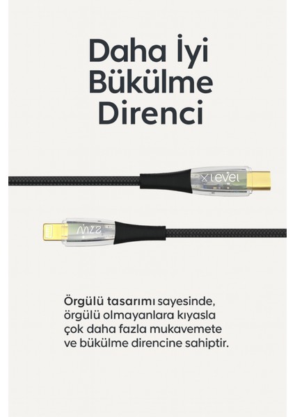 Dayanıklı 27W 3A Şarj ve Data Kablosu 120CM Şeffaf Örgülü, Usb-C’den Lightning’e fiyatları