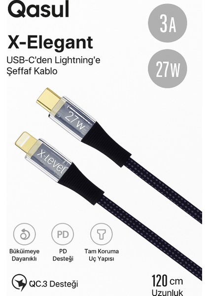 Dayanıklı 27W 3A Şarj ve Data Kablosu 120CM Şeffaf Örgülü, Usb-C’den Lightning’e