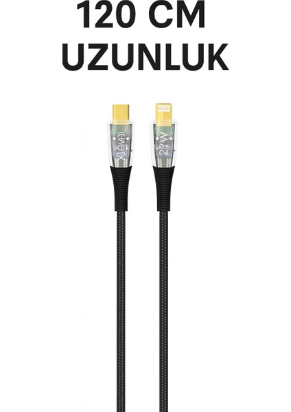 Dayanıklı 27W 3A Şarj ve Data Kablosu 120CM Şeffaf Örgülü, Usb-C’den Lightning’e