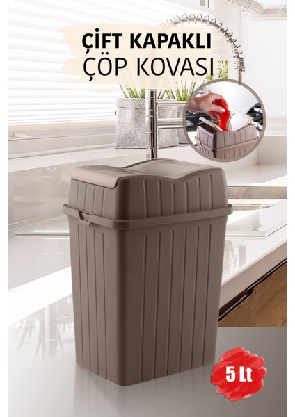 5 L - Çift Kapaklı Slim Çöp Kovası - Dekoratif Tezgah Üstü Ev Ofis Banyo & Mutfak Çöp Kutusu Kahve