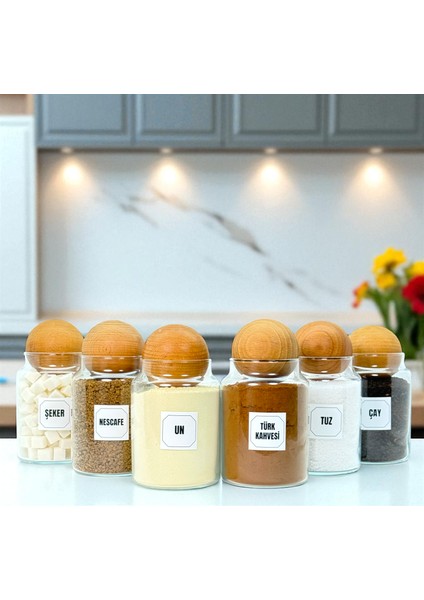6'lı Ahşap Top Kapaklı Cam Tuz Un Çay Şeker Türk Kahvesi Hazır Kahve Saklama Kavanozu Seti