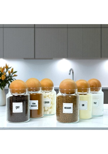 6'lı Ahşap Top Kapaklı Cam Tuz Un Çay Şeker Türk Kahvesi Hazır Kahve Saklama Kavanozu Seti indirimleri