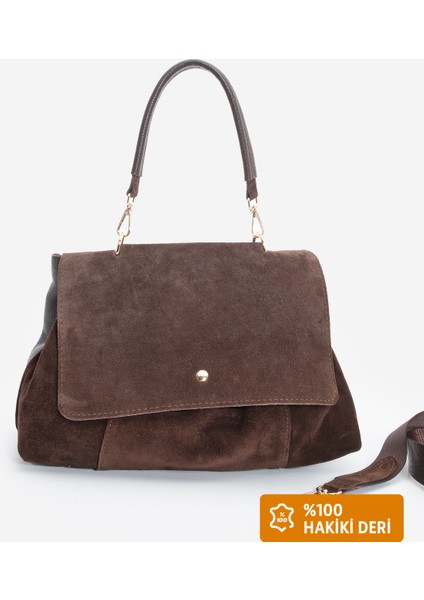 Kadın Hakiki Deri Fermuarlı Çıkabilen İç Cepli El ve Omuz Çantası Ornis Kahve Süet