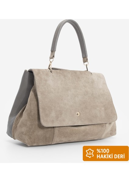 Kadın Hakiki Deri Fermuarlı Çıkabilen İç Cepli El ve Omuz Çantası Ornis Vizon Süet