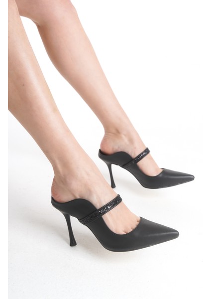 Ortası Taş Şeritli Tokasız Ince Yüksek Topuklu Kadın Abiye Ayakkabı