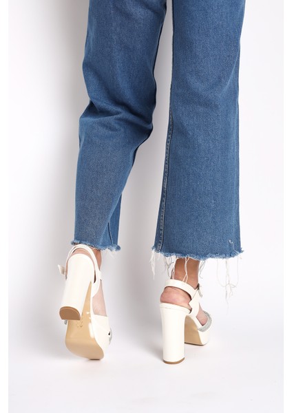 Parlak Çapraz Taş Şeritli Tokalı Kalın Yüksek Topuklu Kadın Abiye Ayakkabı indirimleri