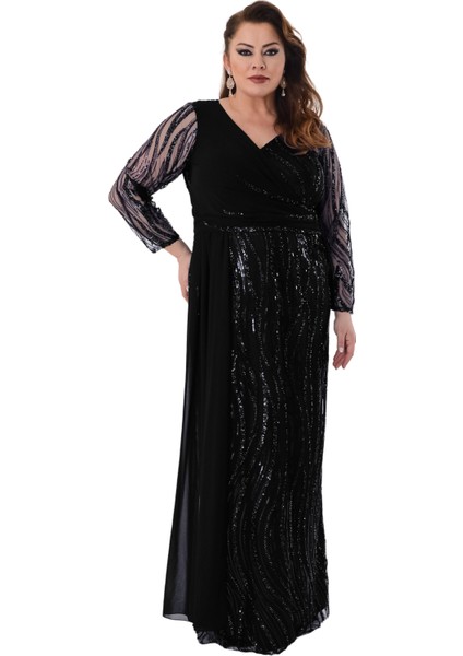 Büyük Beden Siyah Renkli Pul Payetli Uzun Şifon Abiye Elbise