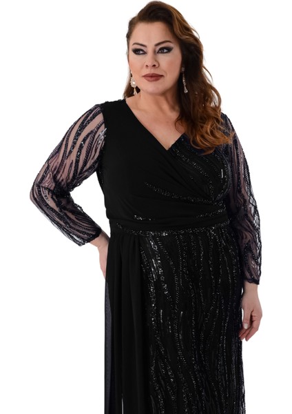 Büyük Beden Siyah Renkli Pul Payetli Uzun Şifon Abiye Elbise modelleri