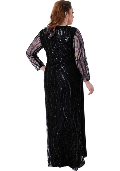 Büyük Beden Siyah Renkli Pul Payetli Uzun Şifon Abiye Elbise fırsatları