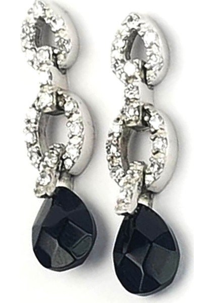 Pırlanta Işıltısında zirkon ve oniks taşlı gümüş sallantılı küpe