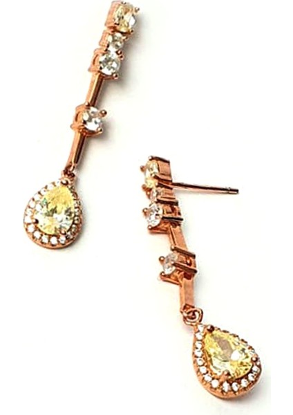 Sitrin taşlı pırlanta ışıltısında zirkon taş detaylı gümüş rose lüks küpe fiyatları