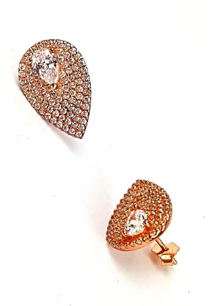 Pırlanta ışıltısında zirkon taşlı gümüş üzerine rose altın kaplamalı damla model küpe