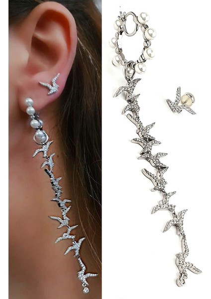 İtalyan tasarımı pırlanta ışıltısında zirkon taşlı gümüş efsane martılar asimetrik küpe kombin