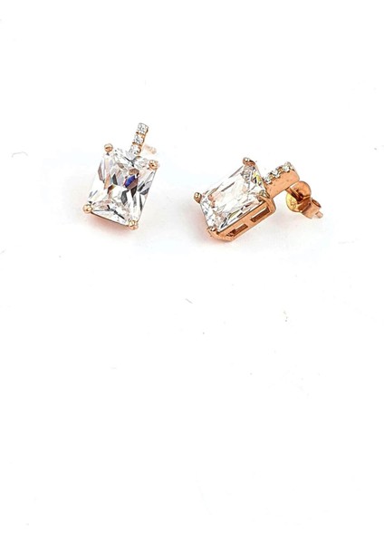 Pırlanta parlaklığında Swarovski Taşlı 925ayar Gümüş Üzerine Rose Altın Kaplama Baget Küpe modelleri