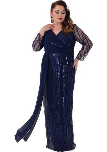 Büyük Beden Lacivert Renkli Pul Payetli Uzun Şifon Abiye Elbise