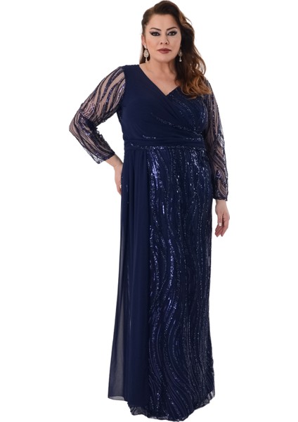 Büyük Beden Lacivert Renkli Pul Payetli Uzun Şifon Abiye Elbise fiyatları