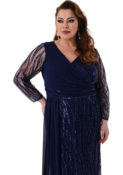 Büyük Beden Lacivert Renkli Pul Payetli Uzun Şifon Abiye Elbise modelleri