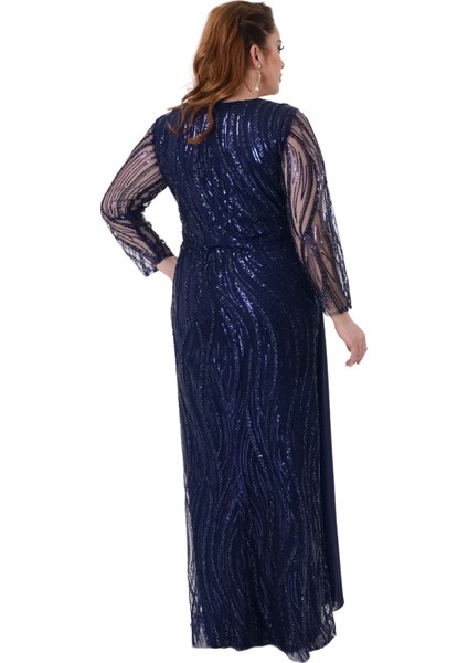 Büyük Beden Lacivert Renkli Pul Payetli Uzun Şifon Abiye Elbise fırsatları