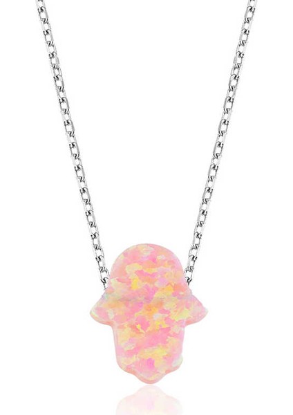 925 Ayar Gümüş Pembe Opal Fatma Ana Eli Kadın Gümüş Kolye (BC-76780A)