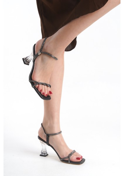 Parlak Bilekten Taşlı Düğüm Şeritli Şeffaf Yüksek Topuklu Kadın Abiye Ayakkabı modelleri