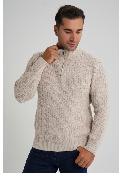 Erkek Kısa Fermuarlı Selanik Saç Örgülü Dik Yaka Yün Kazak TRIST-5350 indirimleri