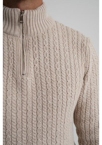 Erkek Kısa Fermuarlı Selanik Saç Örgülü Dik Yaka Yün Kazak TRIST-5350