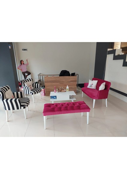 - Roma Çay Seti Koltuk Takımı - Dijital Baskı Kumaş - Zebra Fuşya Takım - Benchli