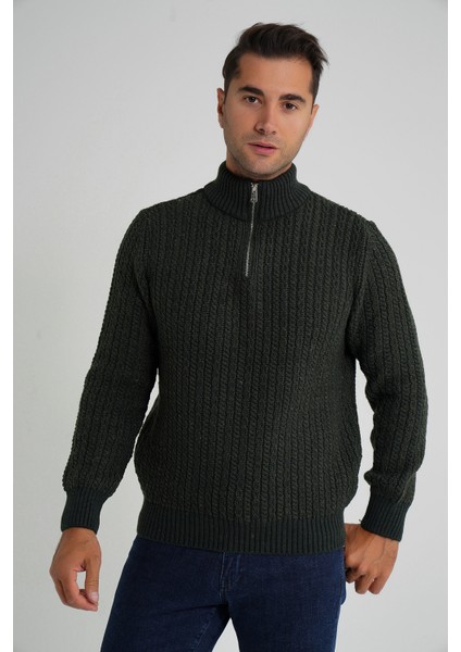 Erkek Kısa Fermuarlı Selanik Saç Örgülü Dik Yaka Yün Kazak TRIST-5350