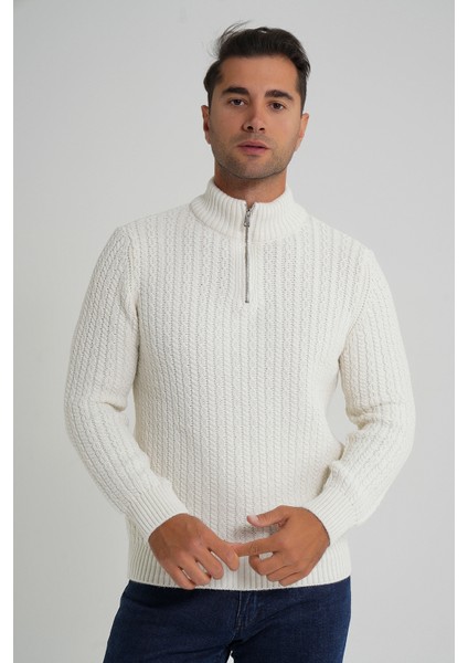 Erkek Kısa Fermuarlı Selanik Saç Örgülü Dik Yaka Yün Kazak TRIST-5350