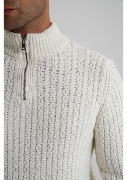 Erkek Kısa Fermuarlı Selanik Saç Örgülü Dik Yaka Yün Kazak TRIST-5350