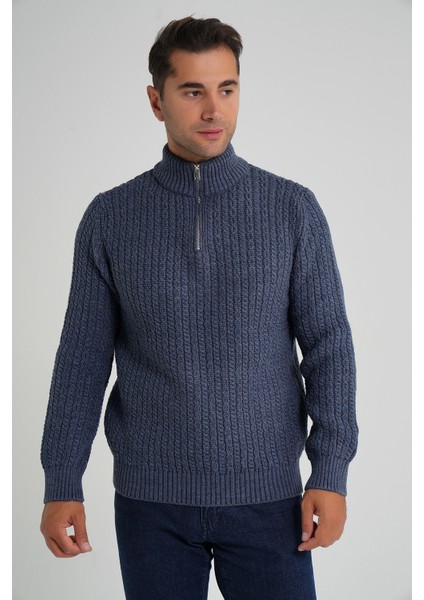 Erkek Kısa Fermuarlı Selanik Saç Örgülü Dik Yaka Yün Kazak TRIST-5350