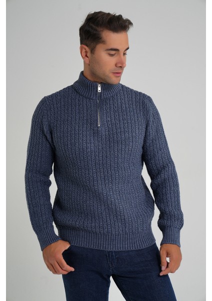 Erkek Kısa Fermuarlı Selanik Saç Örgülü Dik Yaka Yün Kazak TRIST-5350 fırsatları