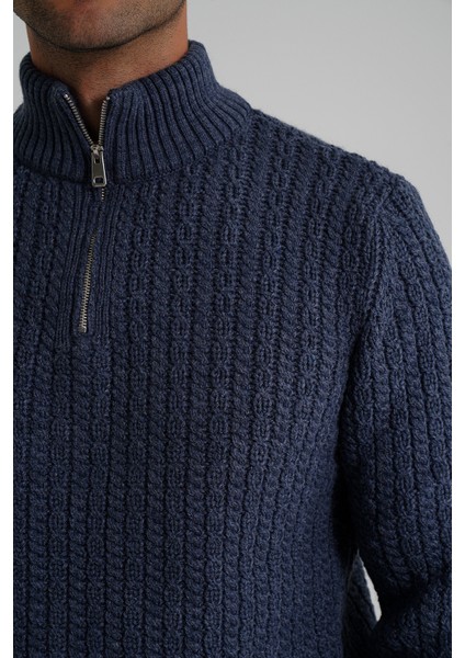 Erkek Kısa Fermuarlı Selanik Saç Örgülü Dik Yaka Yün Kazak TRIST-5350