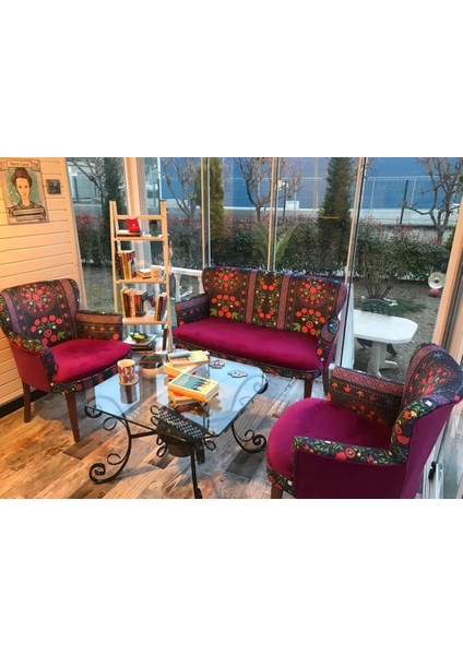 - Roma Çay Seti Koltuk Takımı - Etnik Desenli Kumaş - Ahşap Ayak - Bordo