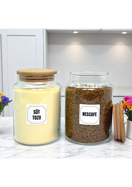 2'li Ahşap Vakum Kapaklı Cam Süt Tozu Hazır Kahve Saklama Kavanozu Seti 800 ml Etiket Hediyeli