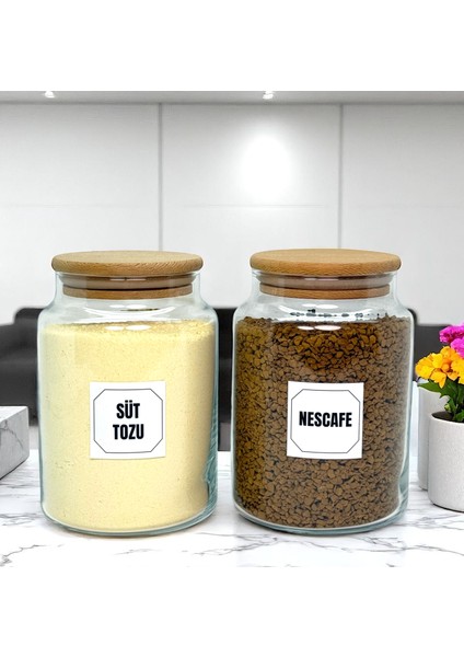 2'li Ahşap Vakum Kapaklı Cam Süt Tozu Hazır Kahve Saklama Kavanozu Seti 800 ml Etiket Hediyeli fiyatları