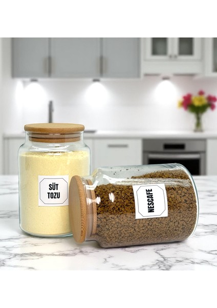 2'li Ahşap Vakum Kapaklı Cam Süt Tozu Hazır Kahve Saklama Kavanozu Seti 800 ml Etiket Hediyeli modelleri