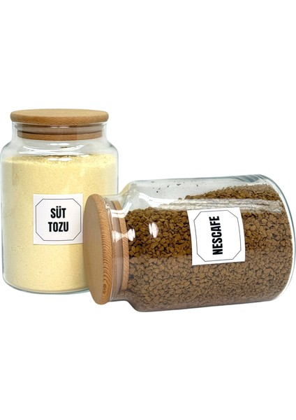 2'li Ahşap Vakum Kapaklı Cam Süt Tozu Hazır Kahve Saklama Kavanozu Seti 800 ml Etiket Hediyeli