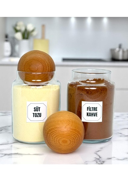 2'li Ahşap Top Kapaklı Cam Süt Tozu Filtre Kahve Saklama Kavanozu Seti 800 ml Etiket Hediyeli