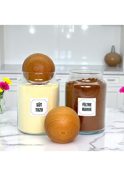 2'li Ahşap Top Kapaklı Cam Süt Tozu Filtre Kahve Saklama Kavanozu Seti 800 ml Etiket Hediyeli modelleri