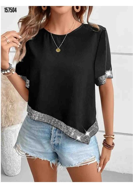 Kadın Kısa Kollu Bisiklet Yaka Asimetrik Kesim Detaylı Pul Payetli Krep Bluz, Kırmızı Gül Figürlü Kolye Hediye