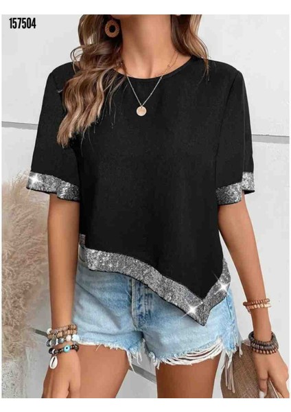 Kadın Kısa Kollu Bisiklet Yaka Asimetrik Kesim Detaylı Pul Payetli Krep Bluz, Kırmızı Gül Figürlü Kolye Hediye fiyatları