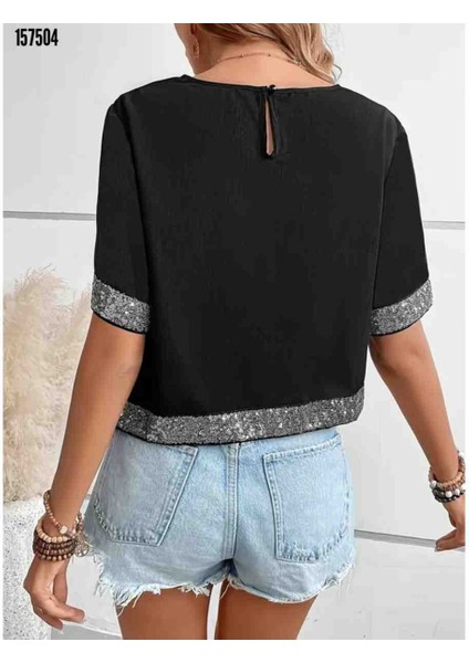 Kadın Kısa Kollu Bisiklet Yaka Asimetrik Kesim Detaylı Pul Payetli Krep Bluz, Kırmızı Gül Figürlü Kolye Hediye modelleri