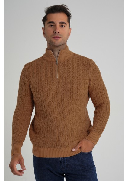 Erkek Kısa Fermuarlı Selanik Saç Örgülü Dik Yaka Yün Kazak TRIST-5350