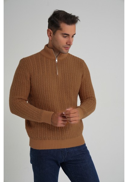 Erkek Kısa Fermuarlı Selanik Saç Örgülü Dik Yaka Yün Kazak TRIST-5350 fiyatları