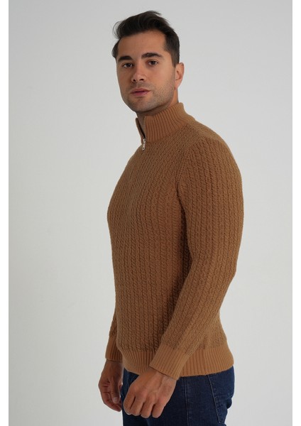 Erkek Kısa Fermuarlı Selanik Saç Örgülü Dik Yaka Yün Kazak TRIST-5350 fırsatları